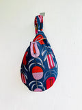 Small origami knot bag , handmade reversible wrist bag , fabric Japanese inspired bag | Springtime