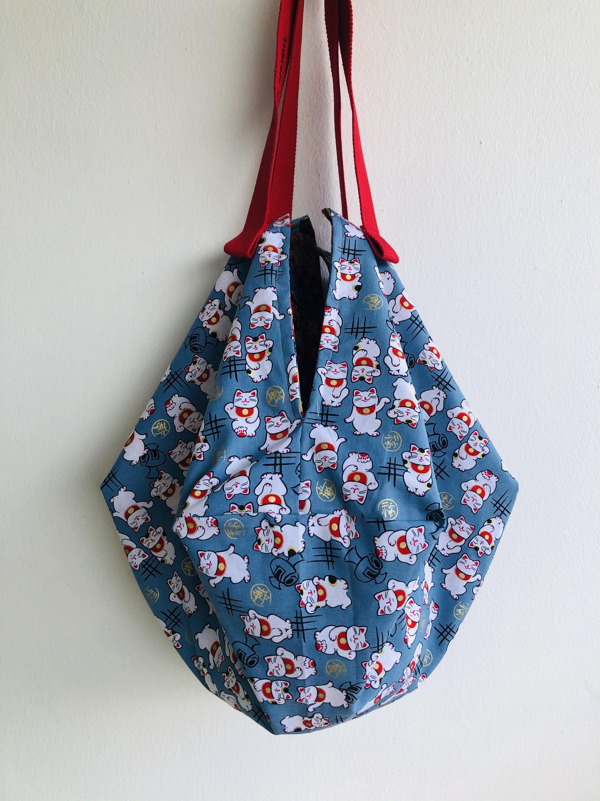 Origami sac shoulder bag , tote shopping eco bag , reversible Japanese inspired bag| Lucky cats in a garden in Tokio - Jiakuma