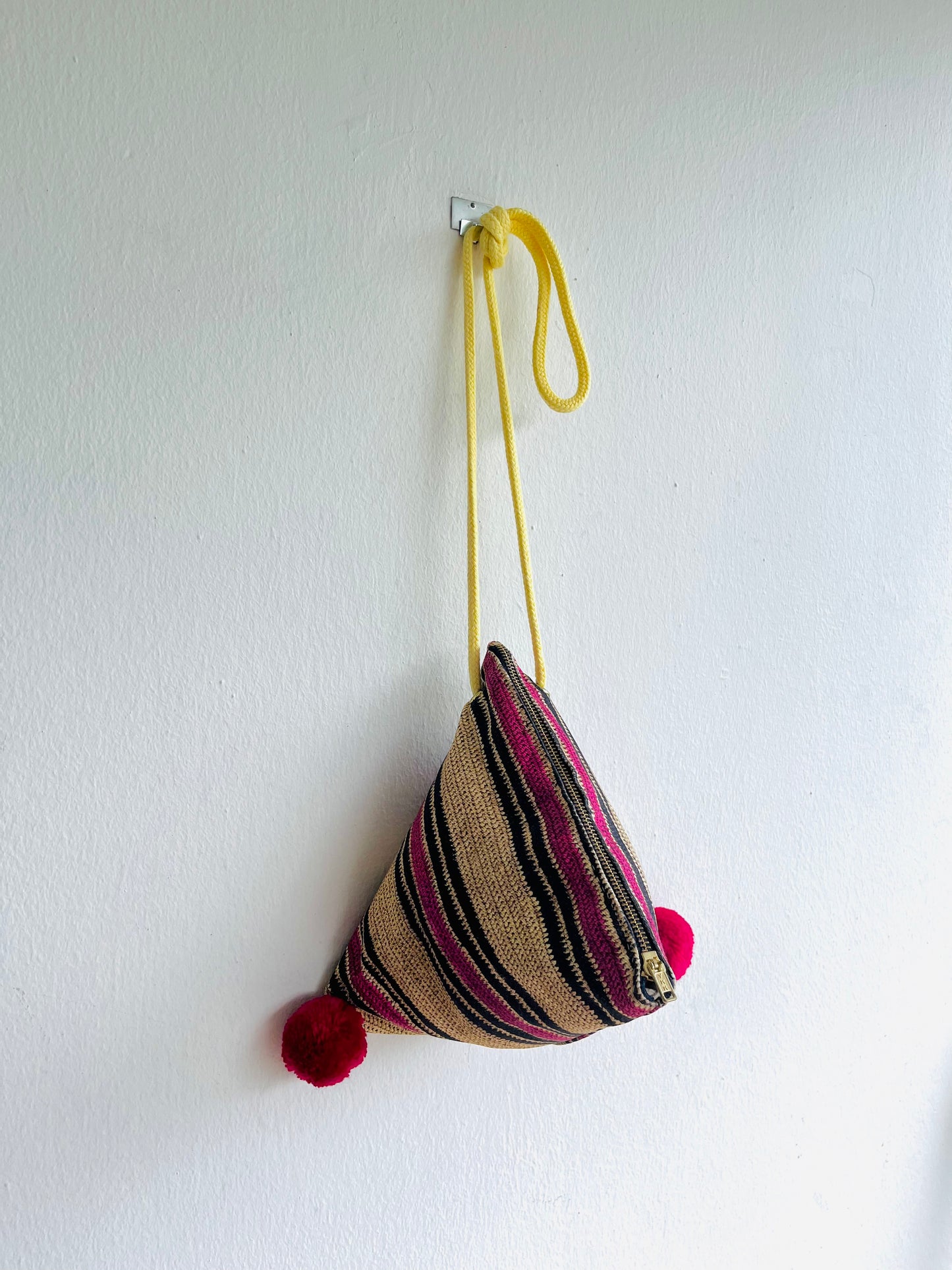 Origami dumpling bag , fabric triangle small bag , Pom Pom cook bag , eco friendly cross body bag | Woven