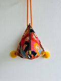 Origami dumpling bag, triangle pom pom bag , colorful Japanese inspired bag | just want to go to the hairdresser