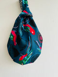 Origami knot bag , reversible fabric bag , small wrist Japanese inspired bag | Japanese waves