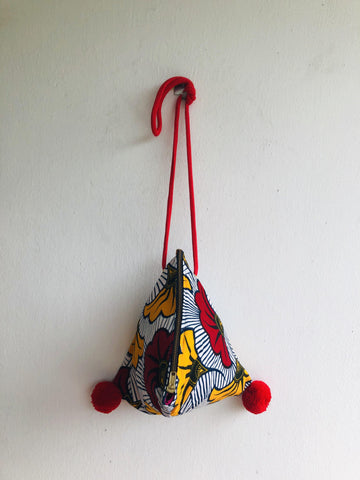 Summer colorful small cross sling bag , African fabric bag , pom poms bag | African flowers - Jiakuma