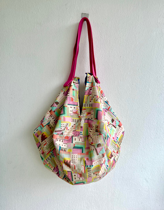 Sac origami bag , Japanese fabric bag , reversible shoulder bag , eco friendly colorful bag , livery print bag | Futuristic city - Jiakuma