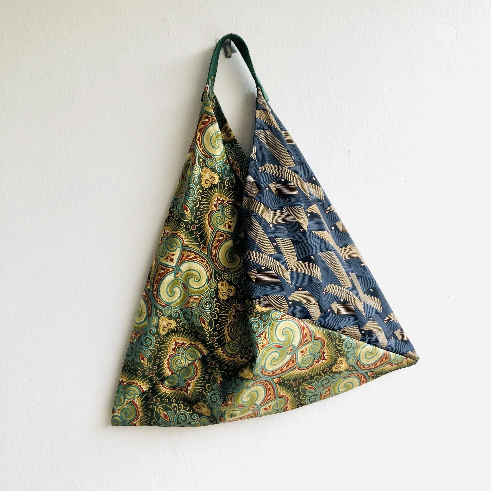 Bento tote bag , origami triangle shoulder bag , Japanese inspired bag | Golden Japanese flags & green art nouveau designs - Jiakuma