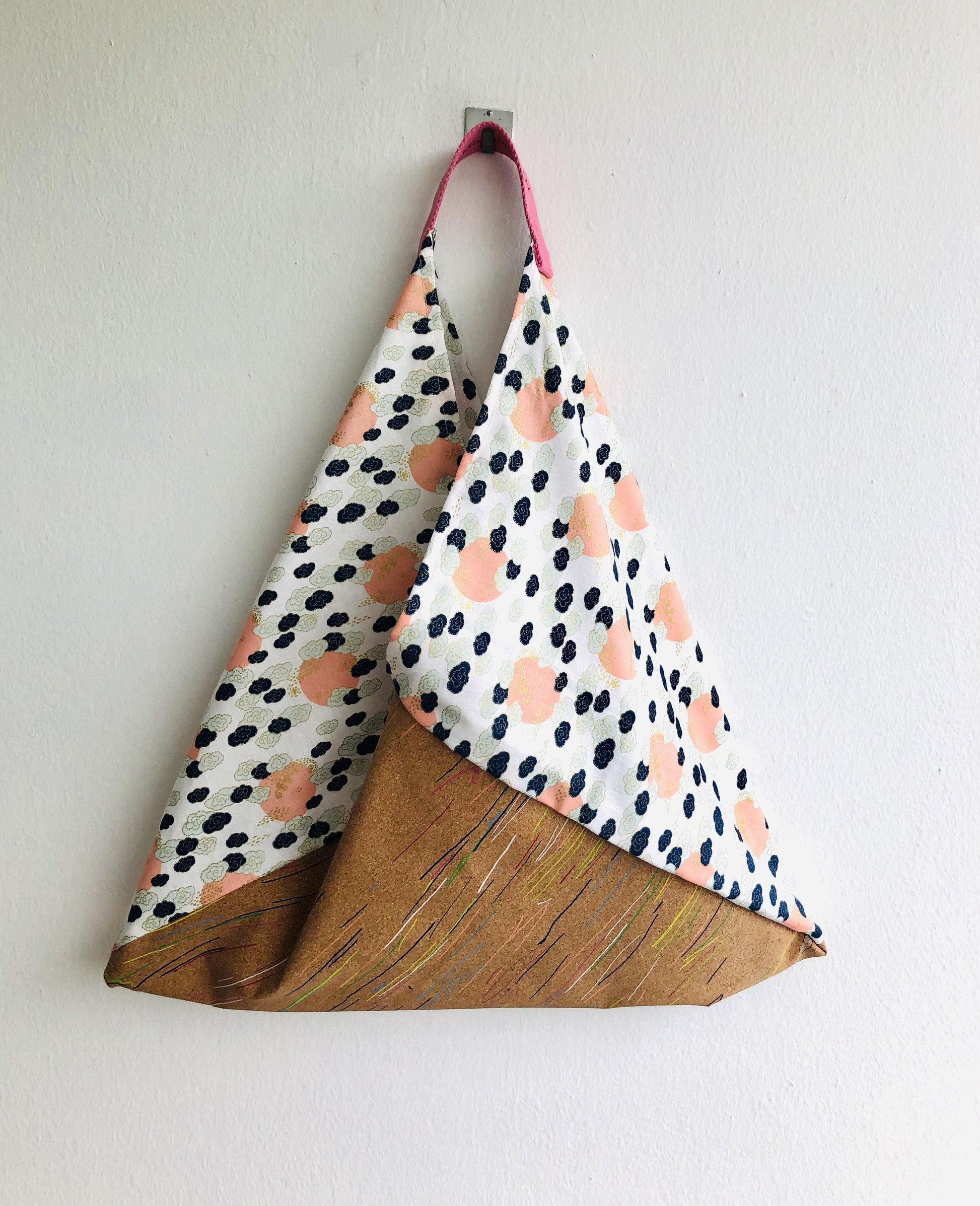 Shoulder tote bag , origami bento bag , handmade sustainable triangle bag | Japanese clouds & cork lines - Jiakuma