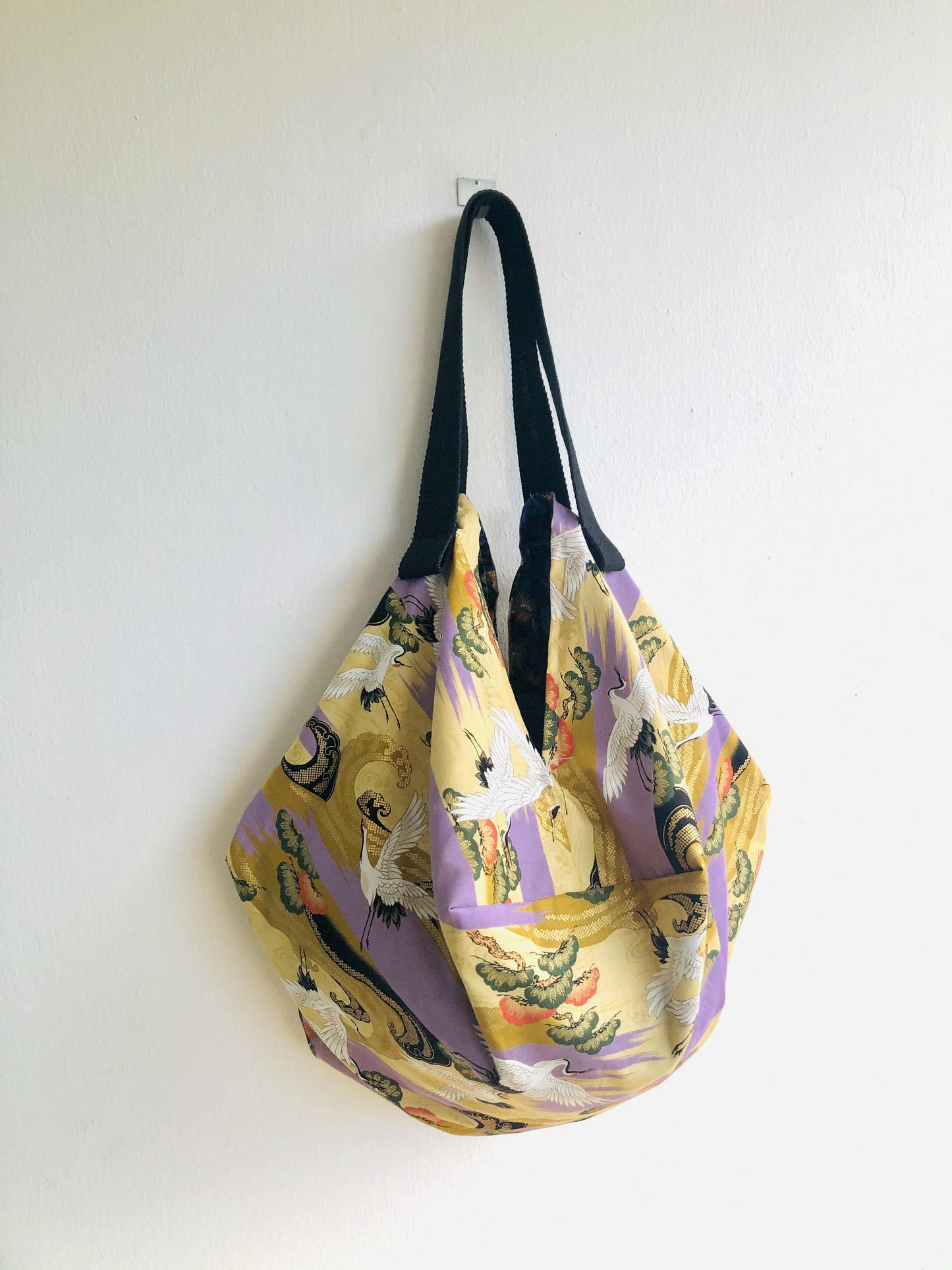 Japanese inspired sac bag , origami shoulder reversible bag , fabric handmade shopping eco bag | Golden cranes & dragons - Jiakuma