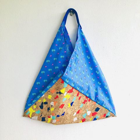 Origami bento bag , shoulder cork eco bag , colorful tote bag | Colorful cork & tropical background - Jiakuma