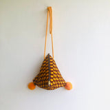 Triangle small bag , dumpling colorful African print bag , eco friendly pom pom fabric bag | African berberechos