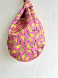 Origami cute knot bag , reversible Japanese inspired wrist bag | Tropical bananas