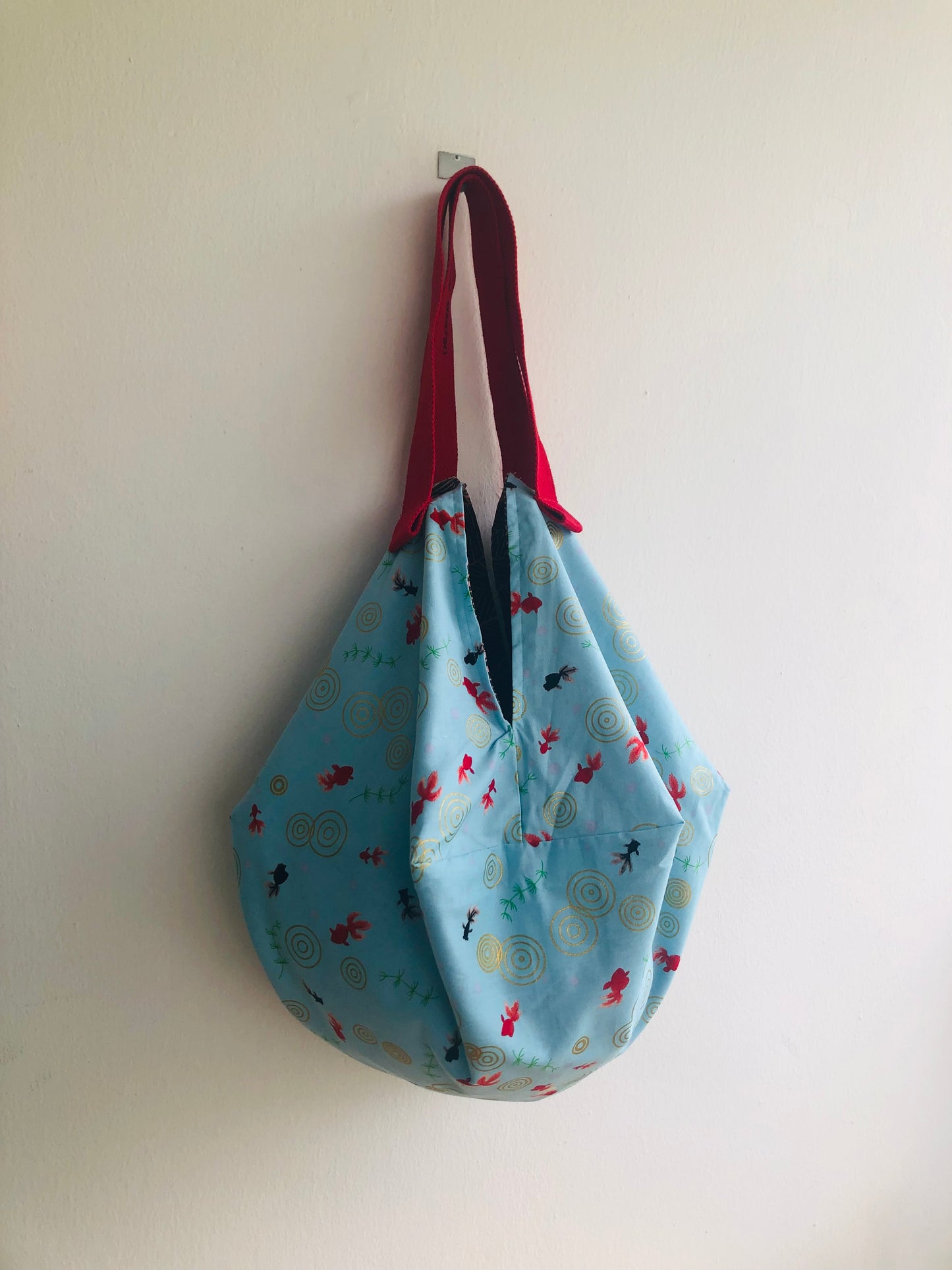 Origami shoulder bag , fabric sac reversible bag , handmade one of a kind Japanese inspired bag | Blue river with  red fish