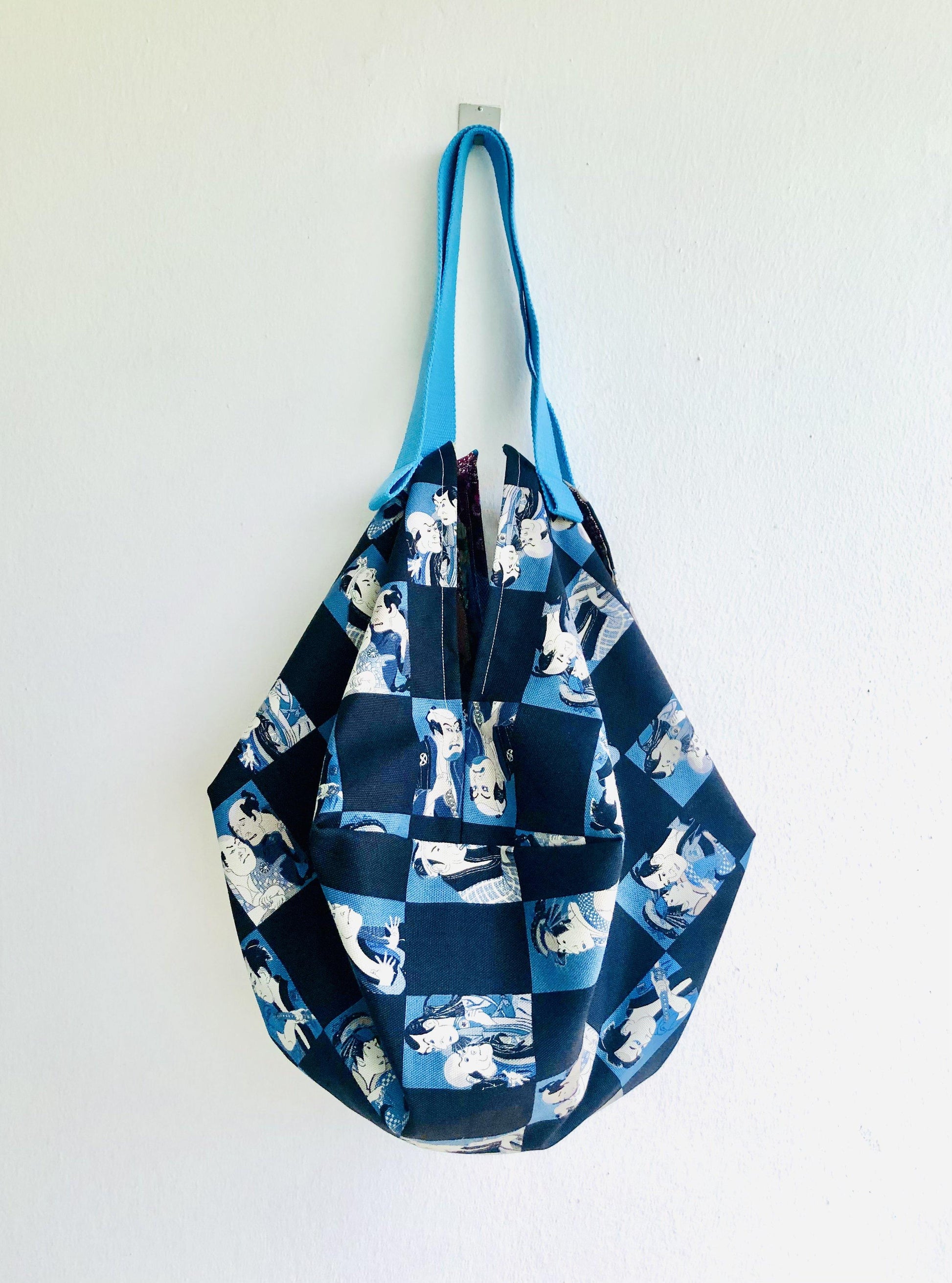 Origami sac reversible bag , fabric handmade Japanese inspired bag | Kabuki & mountain landscape - Jiakuma