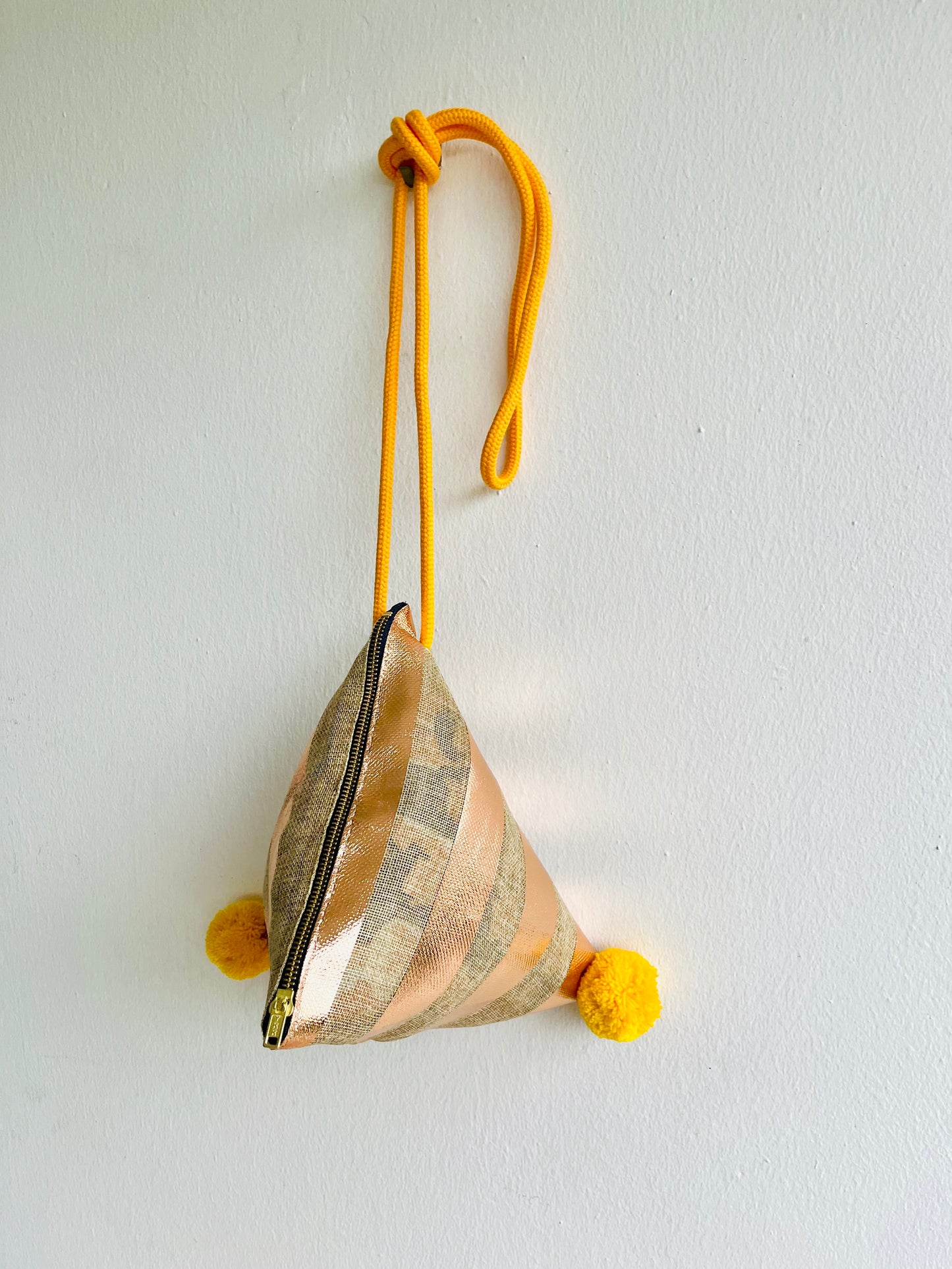 Origami dumpling bag , pom pom one of a kind bag , cute small triangle bag , origami weekend bag , jute eco friendly bag | Bronze gold lines - Jiakuma