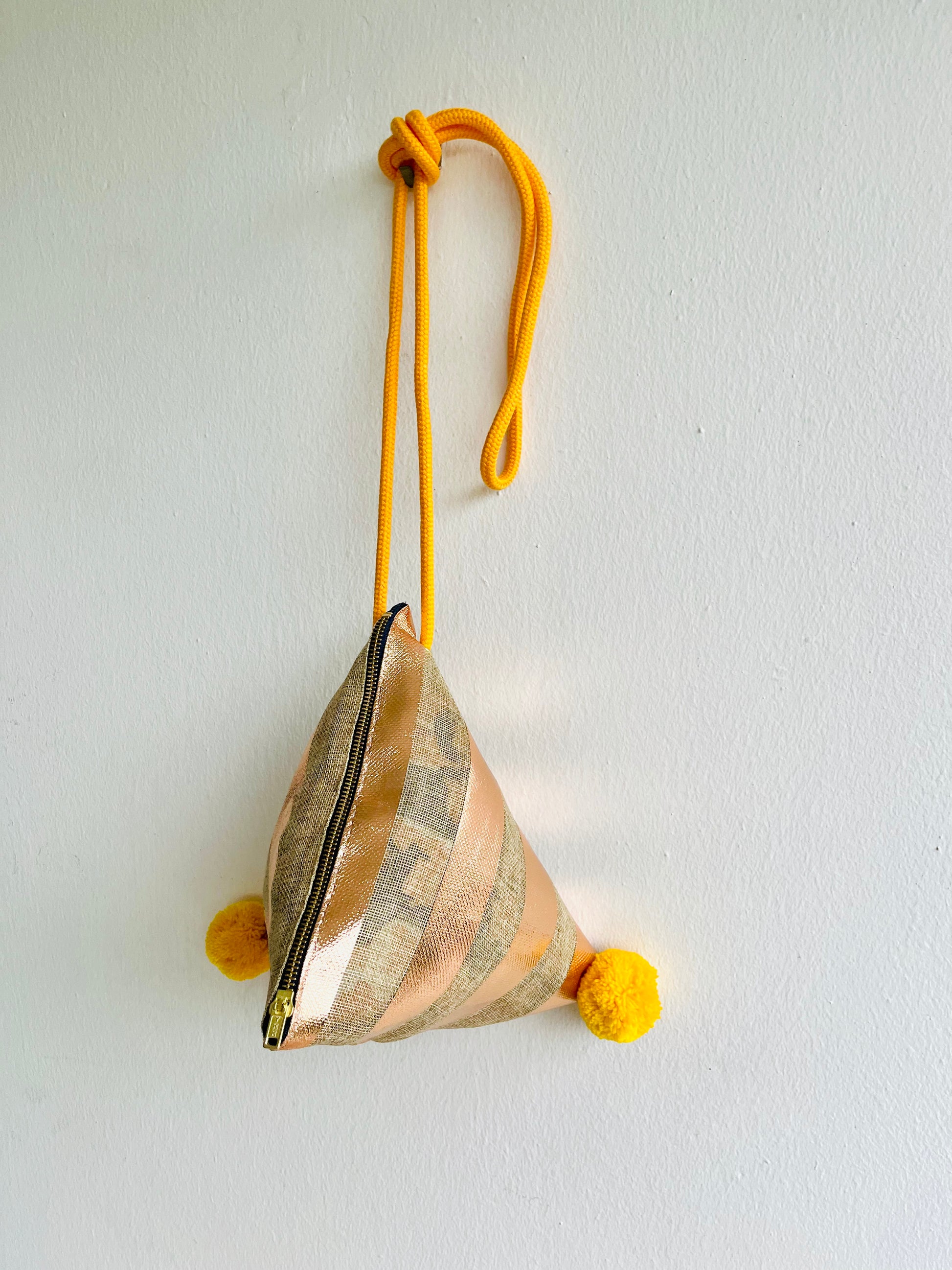 Origami dumpling bag , pom pom one of a kind bag , cute small triangle bag , origami weekend bag , jute eco friendly bag | Bronze gold lines - Jiakuma