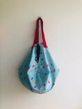 Origami shoulder bag , fabric sac reversible bag , handmade one of a kind Japanese inspired bag | Blue river with  red fish