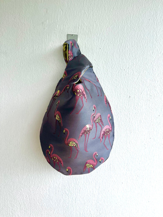 Origami knot bag ,small reversible wrist bag , flamingo print Japanese inspired bag | Flamingos migrating to tropical rainforests - Jiakuma