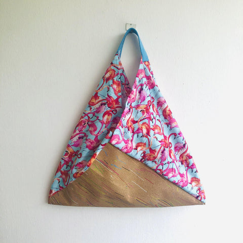 Origami bento bag , cork tote bag , colorful eco friendly shopping tote , shoulder bag| Flamingos & cork - Jiakuma