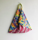 Origami bento bag , tote shoulder bag , fabric triangle bag , shopping bag | Yellow lucky dragon & Japanese cherry blossoms - Jiakuma