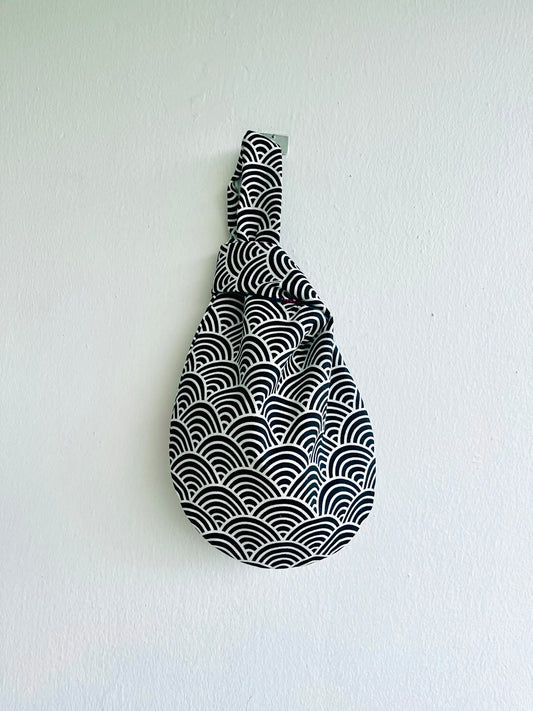 Origami knot bag , reversible fabric bag , small wrist Japanese inspired bag | Japanese waves - Jiakuma