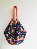 Origami sac shoulder bag, reversible fabric handmade Japanese Inspired bag | Beautiful Phoenix birds flying towards a bright and yellow Yvette sun - Jiakuma