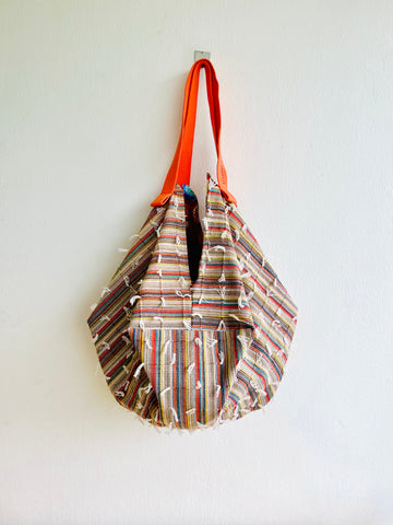 Origami sac bag , reversible boho style shoulder bag , eco shopping tassel bag | Pulling the colorful strings