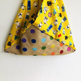 Tote triangle bag , origami bento bag , polka dots colorful jute shoulder bag | Sumo fighters & polka dots - Jiakuma