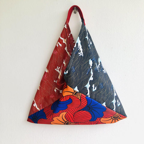 Shoulder tote eco bag , origami bento bag , handmade Japanese inspired bag | The sea in Japan at day & night and African red flower - Jiakuma