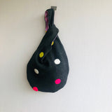 Small cute origami knot bag , pom pom fabric wrist bag , Japanese inspired bag | Pom poms & polka dots