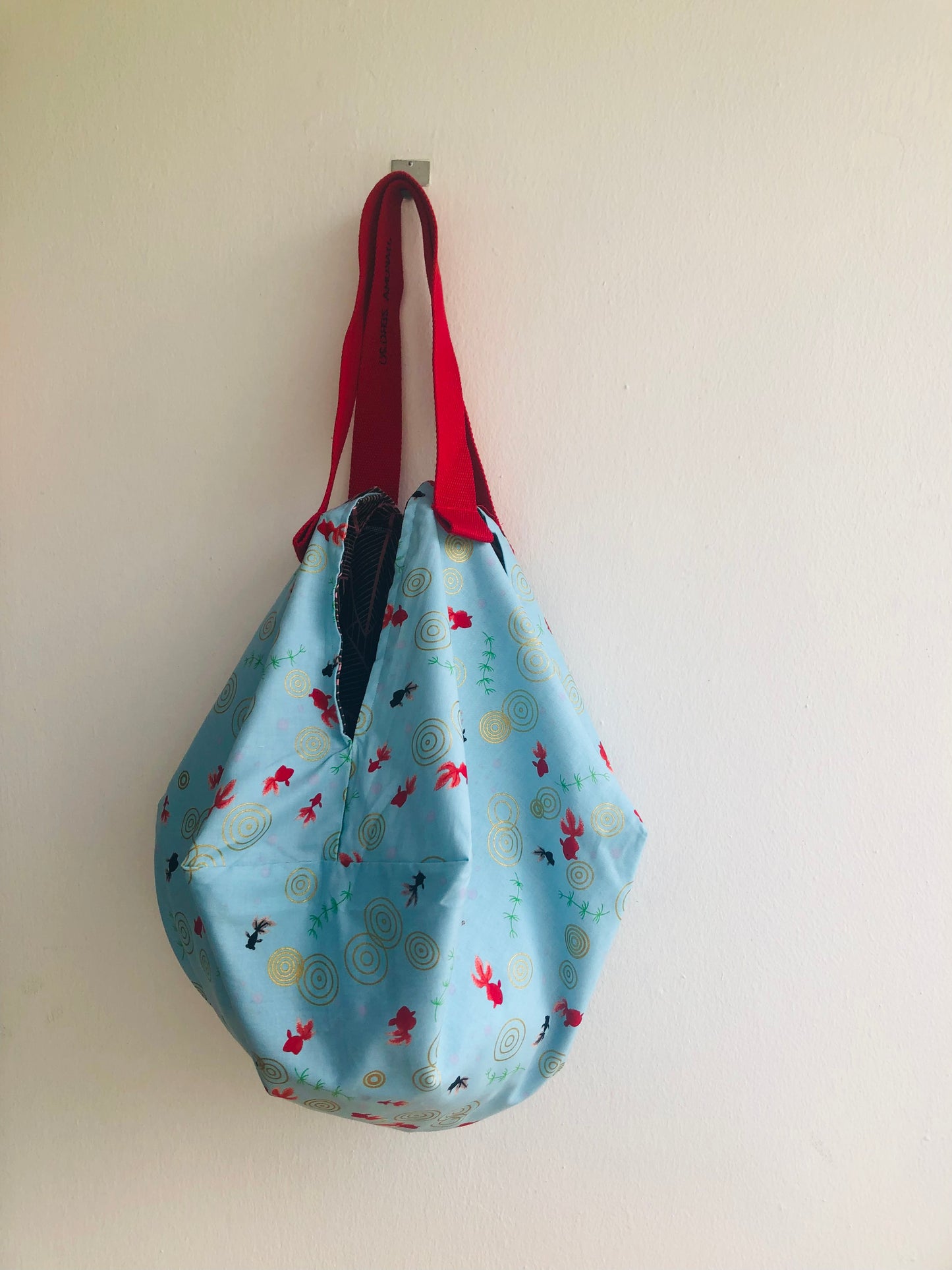 Origami shoulder bag , fabric sac reversible bag , handmade one of a kind Japanese inspired bag | Blue river with  red fish