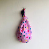 Small cute origami knot bag , pom pom fabric wrist bag , Japanese inspired bag | Pom poms & polka dots