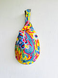 Origami Japanese inspired small bag , knot fabric bag , reversible wrist bag , colorful bag | The lucky dragon