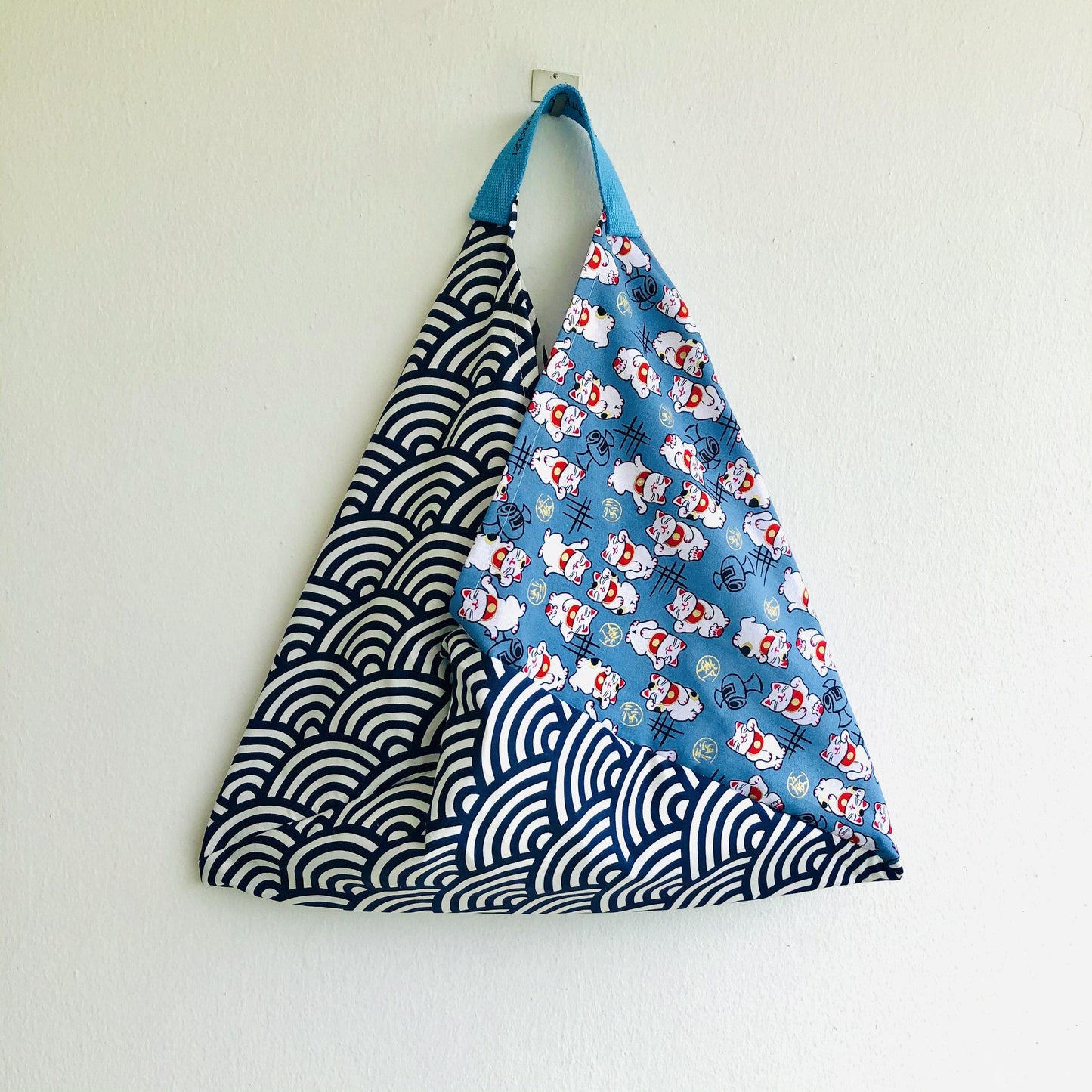 Handmade Japanese inspired bag , triangle tote shoulder bag | Lucky cats surfing on big waves - Jiakuma