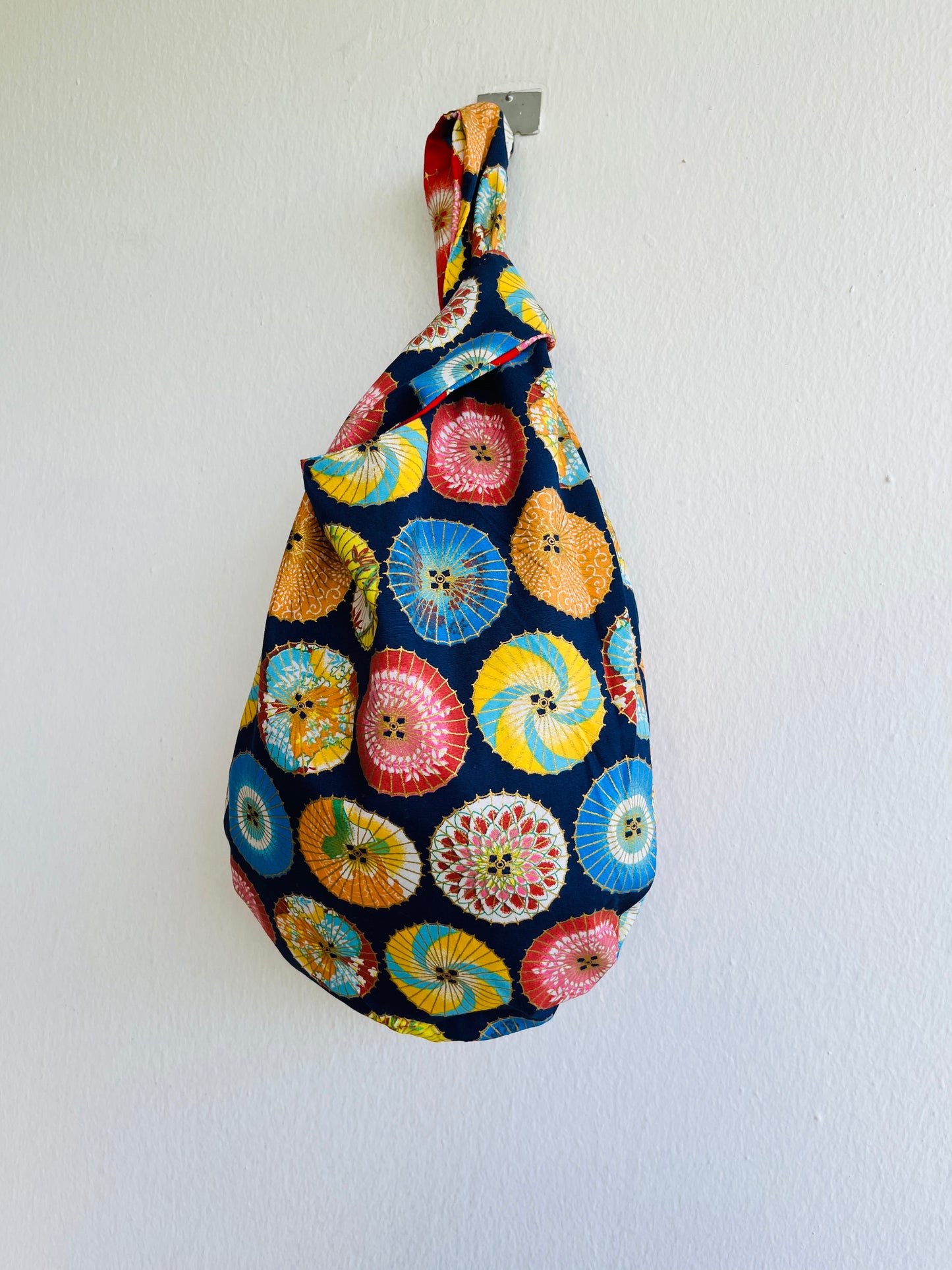 Origami knot bag , reversible fabric bag , cute wrist Japanese inspired bag | Blue & red Japanese umbrellas