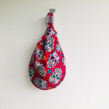 Knot origami bag , wrist reversible fabric colorful small bag , Japanese inspired bag | El Dia de los muertos & cubist ladies