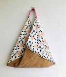 Shoulder tote bag , origami bento bag , handmade sustainable triangle bag | Japanese clouds & cork lines - Jiakuma