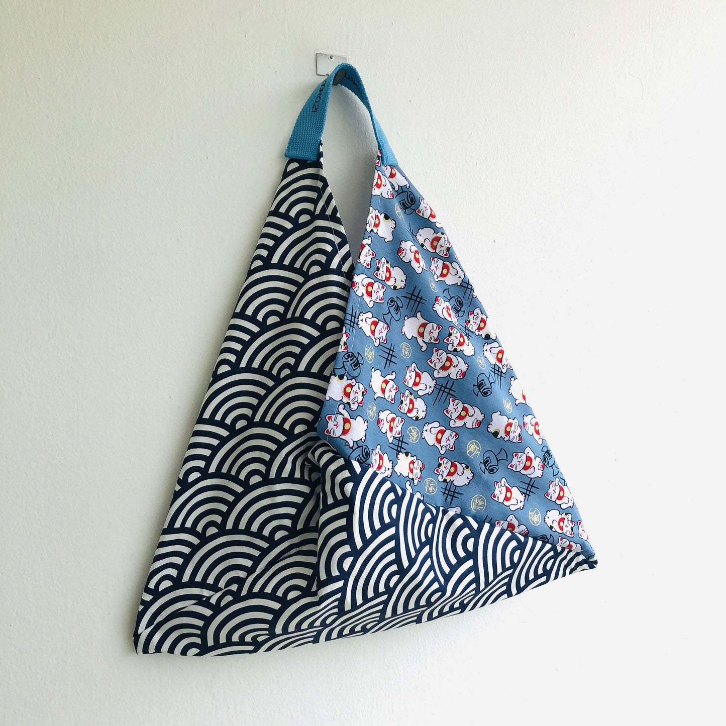 Handmade Japanese inspired bag , triangle tote shoulder bag | Lucky cats surfing on big waves - Jiakuma