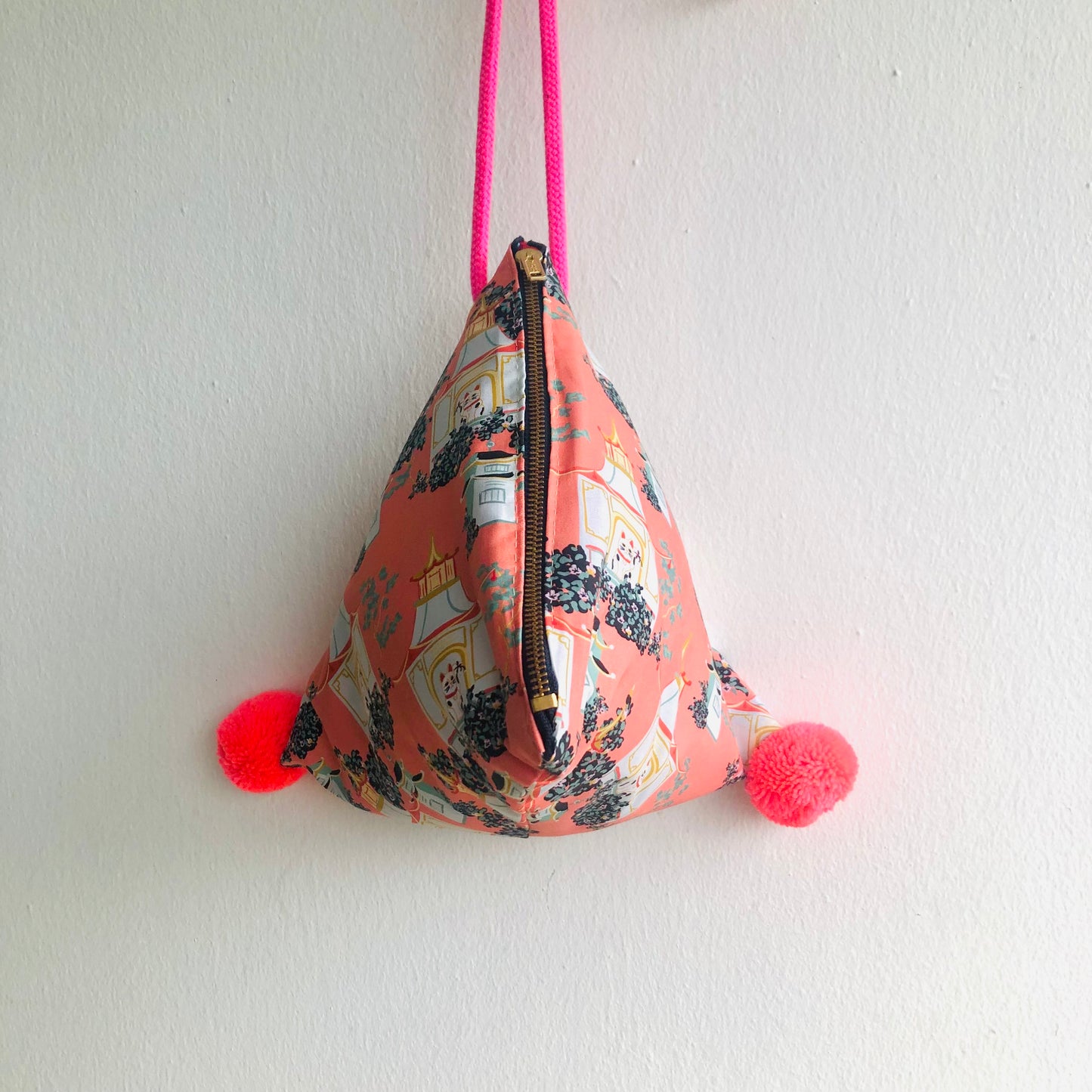 Origami triangle small bag , pom pom fabric bag , eco friendly bag | Cats under the pagodas