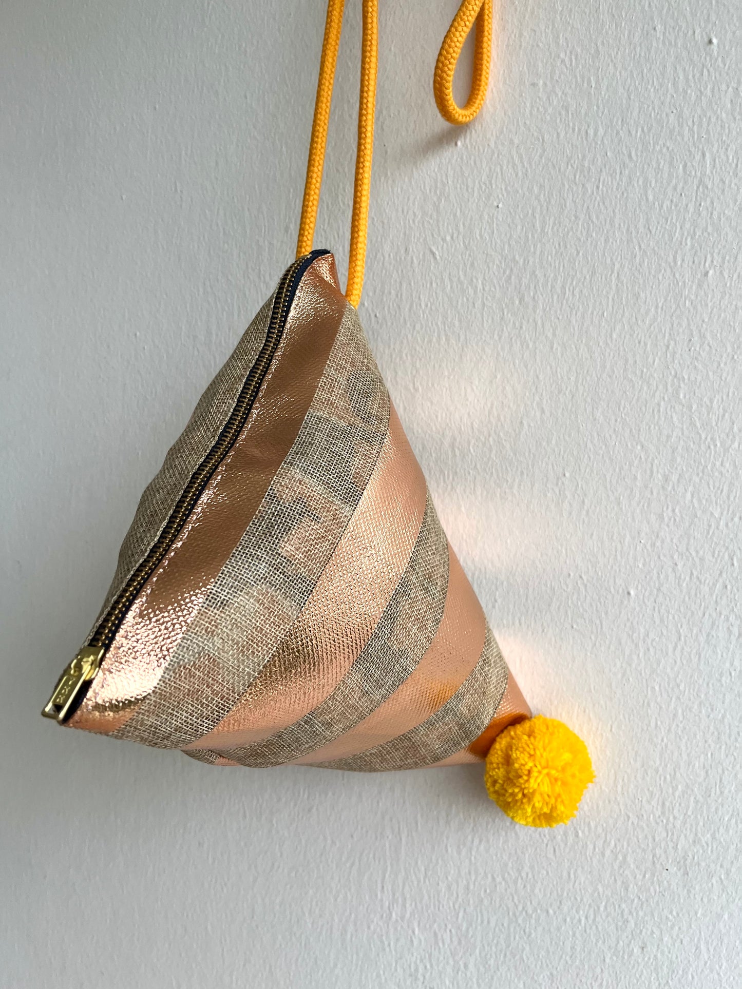 Origami dumpling bag , pom pom one of a kind bag , cute small triangle bag , origami weekend bag , jute eco friendly bag | Bronze gold lines - Jiakuma
