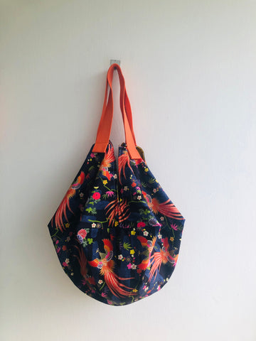 Origami sac bag , reversible fabric eco friendly bag , Japanese inspired shoulder bag | Cranes flying towards a yellow sun