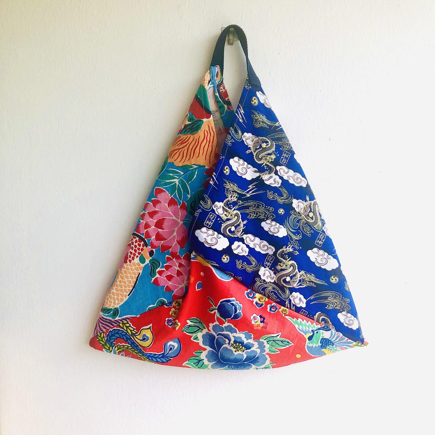 Origami bento bag , shoulder tote colorful ecc bag | Lucky dragons  flying in a blue sky over a pond with beautiful flowers - Jiakuma