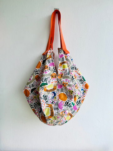 Origami shoulder sac bag , Japanese inspired bag , reversible colorful fabric eco bag | Catiger