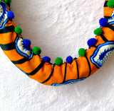 Colorful statement necklace , African fabric bold necklace , one of a kind colorful handmade Jewelry | African shells and pom poms