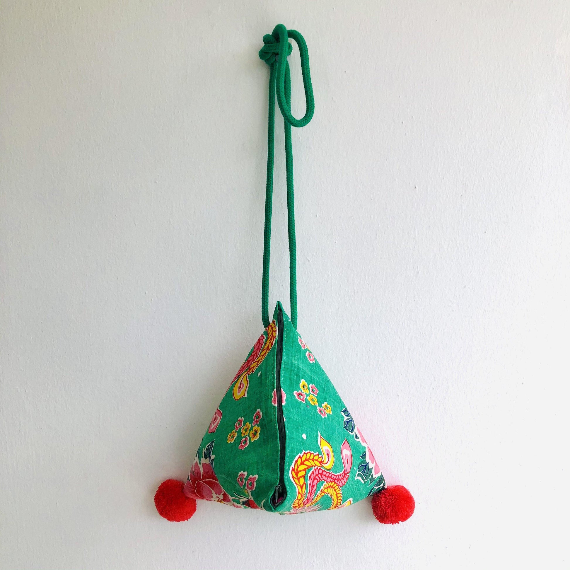 Handmade origami triangle bag , pom pom tote bag , Japanese inspired | Green Phoenix - Jiakuma