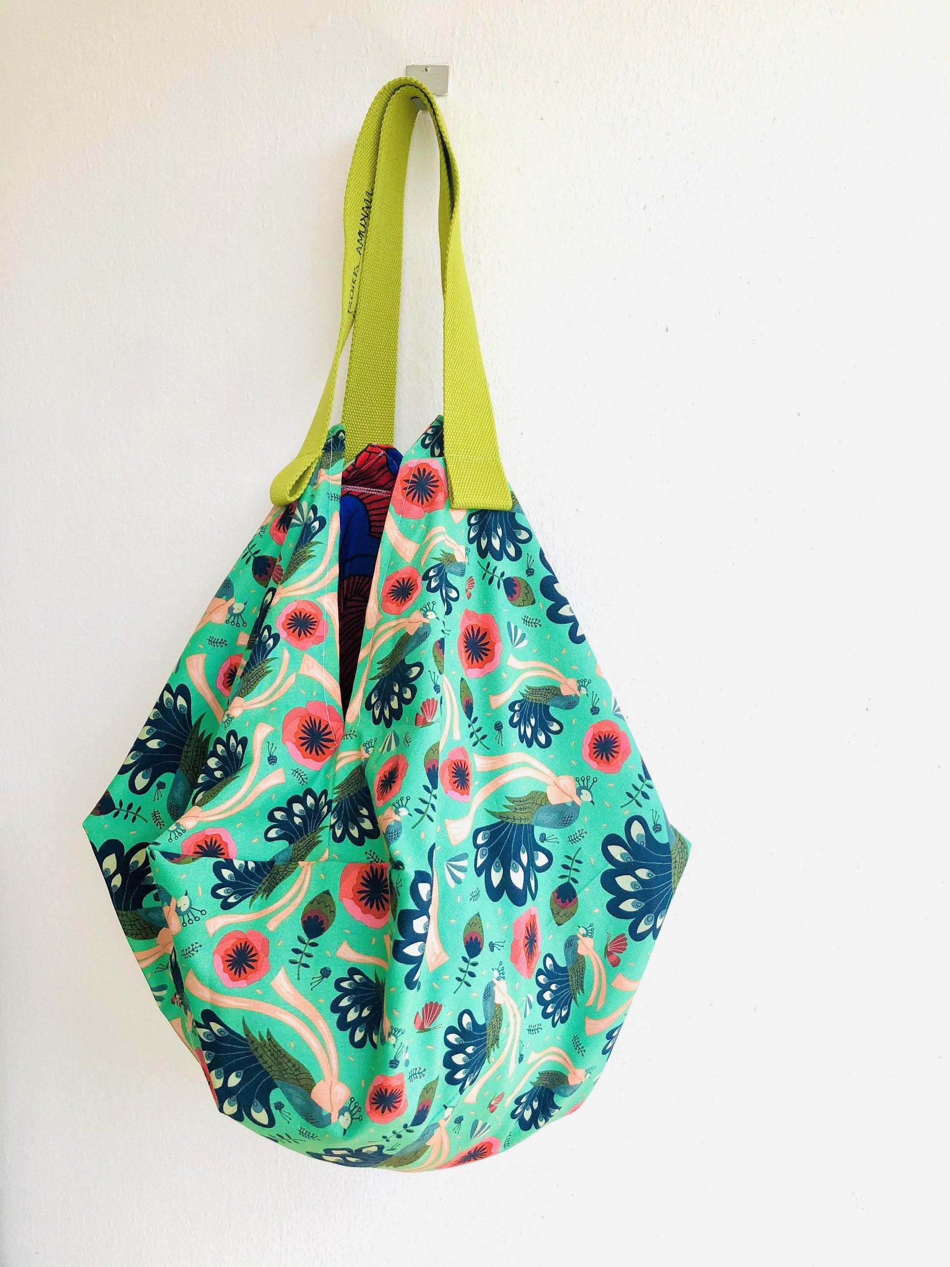 Reversible fabric origami bag , sac shoulder colorful bag , Japanese inspired bag | Peacocks in a garden in Africa - Jiakuma