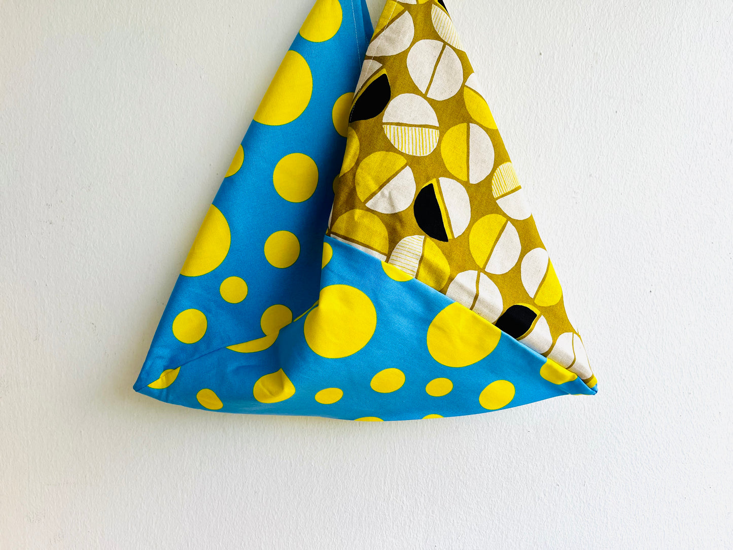 Origami tote bag , triangle bento bag , colorful fabric tote bag | Korean geometries & polka dots