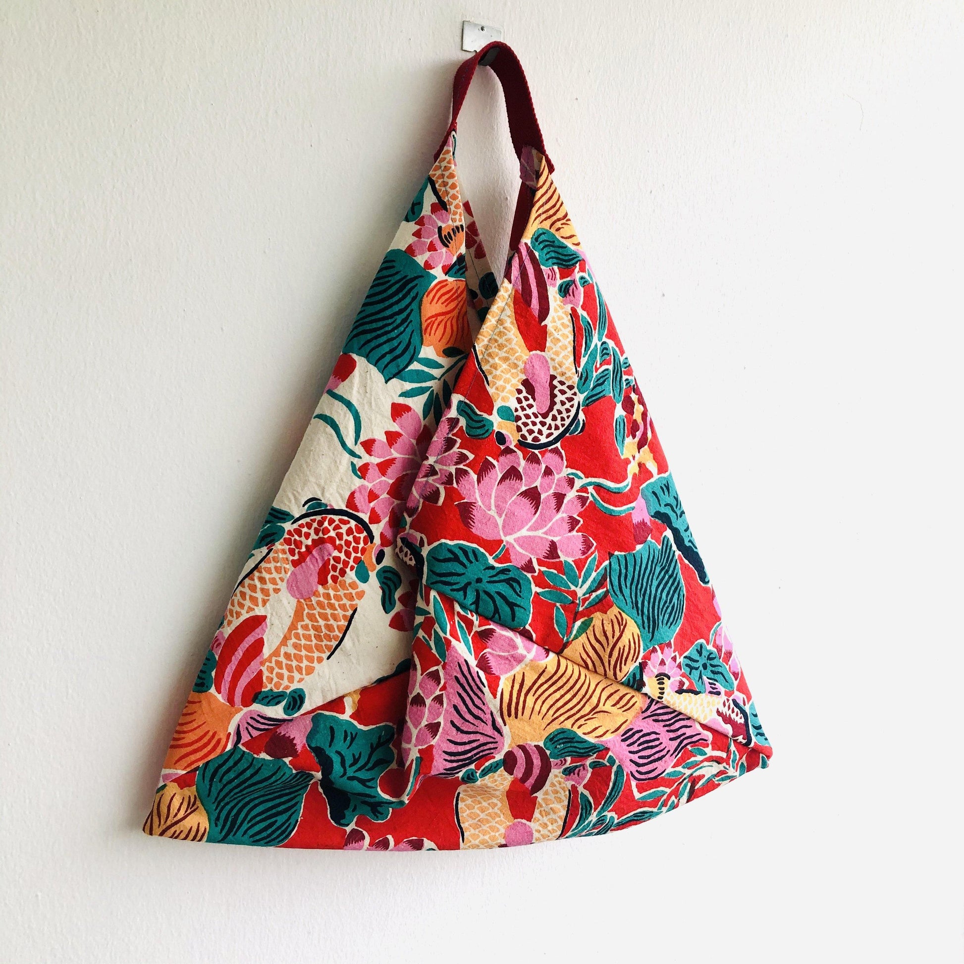 Bento origami bag , shoulder tote colorful bag , eco silkscreen print fabric bag | Cadmium red & pink garden in Shanghai - Jiakuma