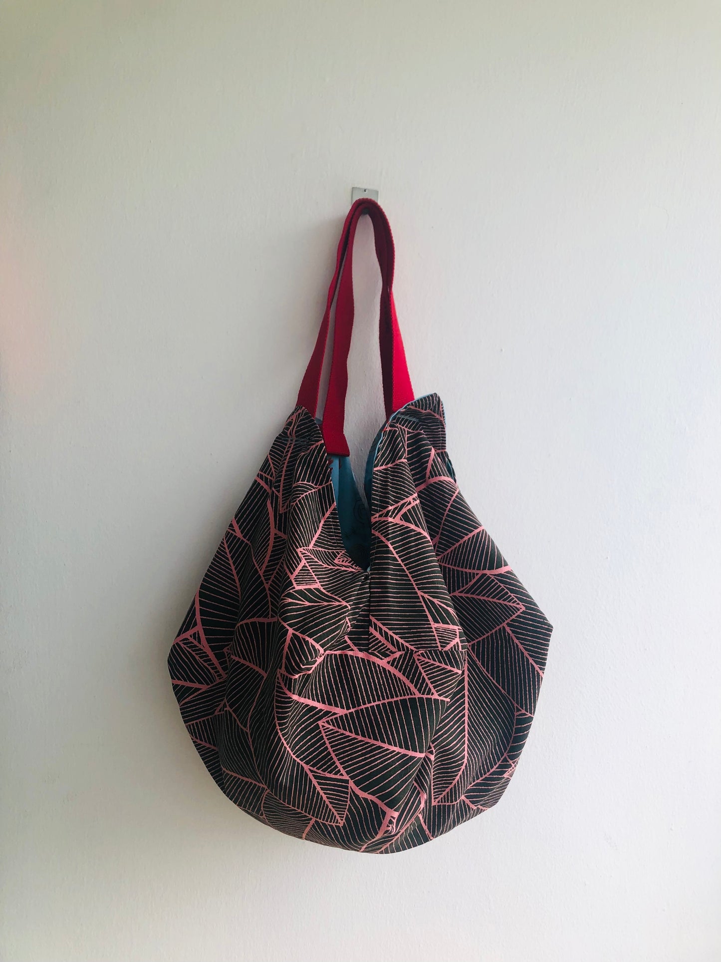 Origami shoulder bag , fabric sac reversible bag , handmade one of a kind Japanese inspired bag | Blue river with  red fish