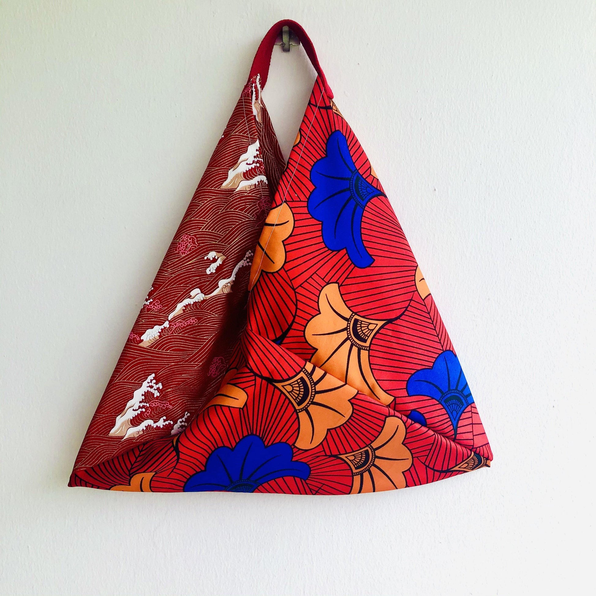 Origami tote bag , shoulder handmade eco bag , Japanese inspired triangle tote | Red sea waves in Japan  & red African flowers - Jiakuma