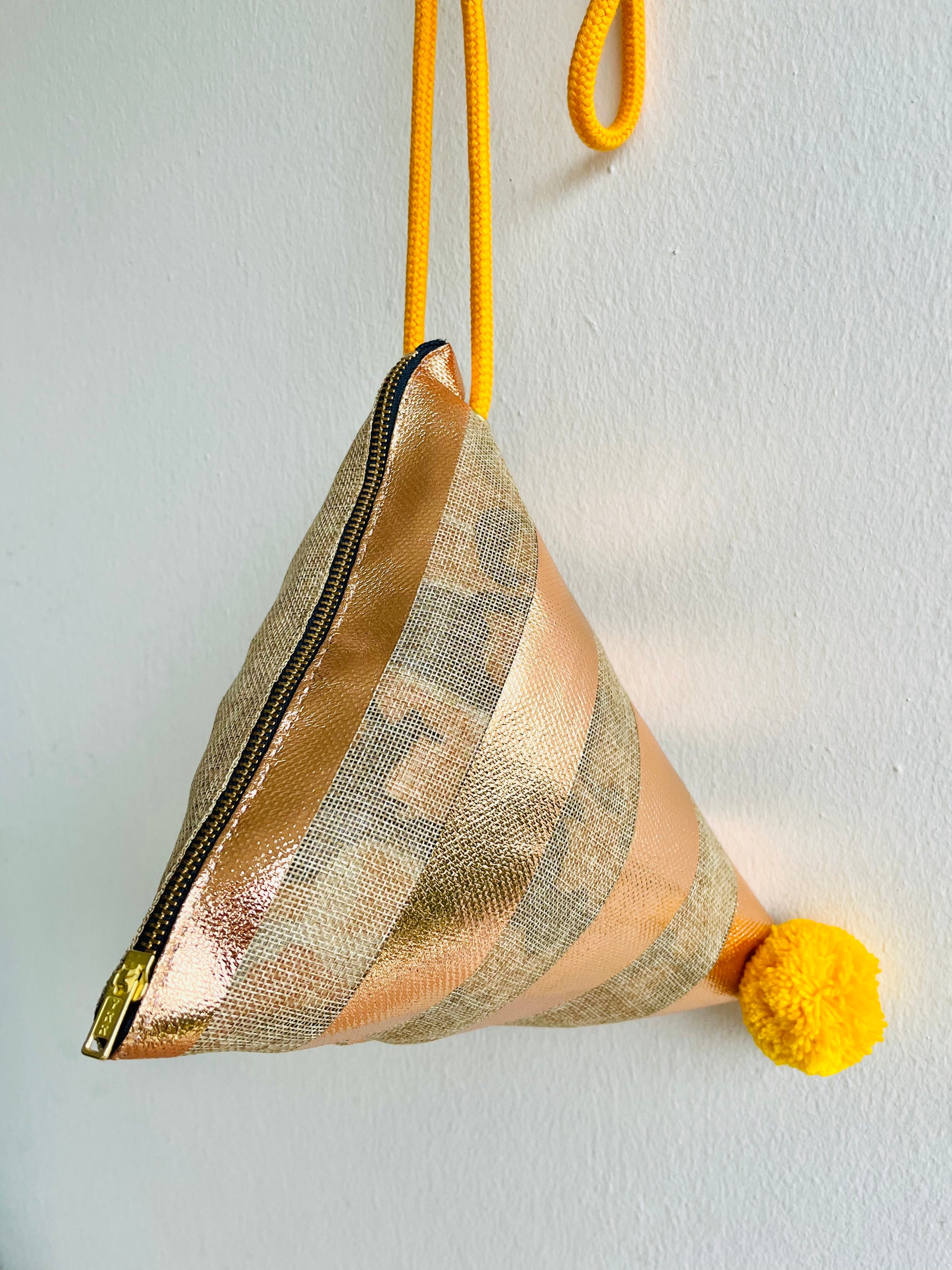 Origami dumpling bag , pom pom one of a kind bag , cute small triangle bag , origami weekend bag , jute eco friendly bag | Bronze gold lines - Jiakuma