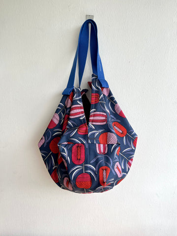 Origami shoulder sac bag , reversible colorful fabric eco bag , Japanese inspired bag | A blue red and blue garden