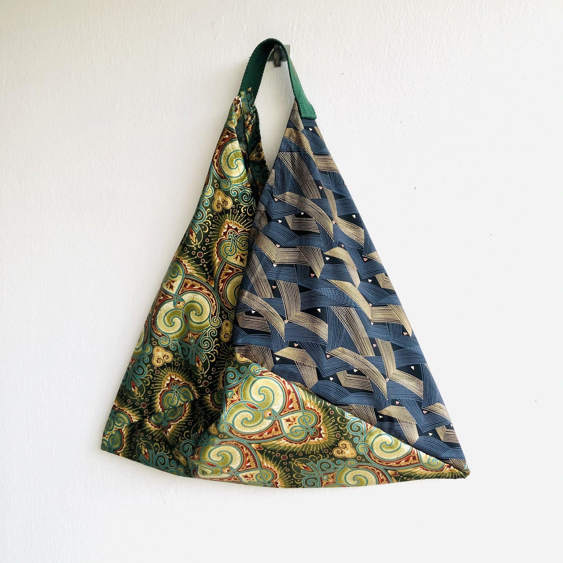 Bento tote bag , origami triangle shoulder bag , Japanese inspired bag | Golden Japanese flags & green art nouveau designs - Jiakuma